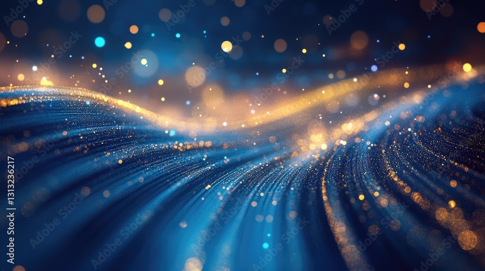 Poster abstract background with shimmering particles creating waves of light in blue and gold tones, perfec