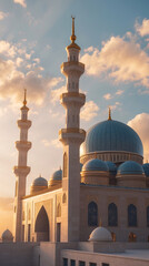 Impressive mosque with dome and tall minarets captured at twilight bathed in golden light and serenity Islamic and Arabian Architecture Wallpaper Exterior Design