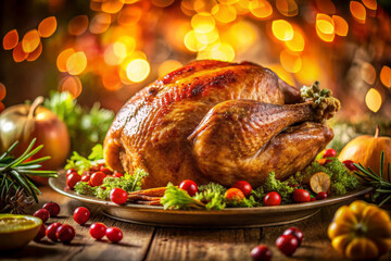 beautifully roasted turkey garnished with fresh herbs and surrounded by vibrant fruits and vegetables, set against warm, festive background
