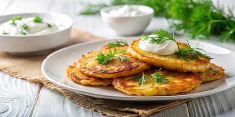 Pancakes made from grated potatoes served with sour cream and fresh dill on a white plate , Potato pancakes, European cuisine