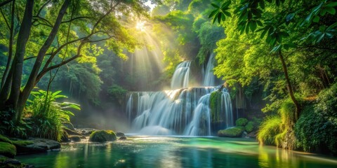 Obraz premium Waterfall amidst dense foliage, with sunlight filtering through the trees and mist rising from the water's edge, lush greenery, peaceful atmosphere