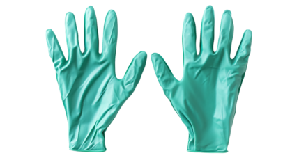 Pair of green protective rubber gloves isolated on transparent background, symbolizing cleanliness, hygiene, and household duties, ideal for domestic tasks and protection.