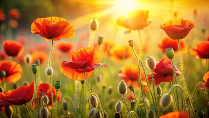 Fototapeta premium A picturesque field of vibrant poppies sways gently in the breeze, as the warm sunlight casts a golden glow on the delicate petals and stems , sunny, flower