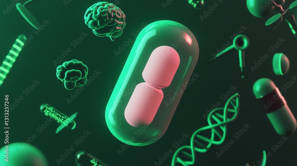 Poster a glowing 3d-rendered pill with visible capsules inside, surrounded by dna helix models and medical 