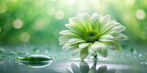 Delicate green flower with dewy water droplets on its petals , green flower, serene, green flower, serene, water droplets