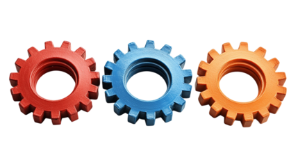 Set of three cogwheels of different colors, red, blue, and orange gears, isolated on a transparent background, symbolizing teamwork and cooperation in machinery and systems engineering.