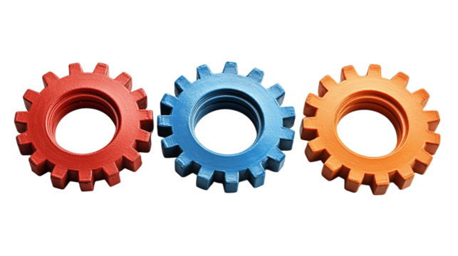 Set of three cogwheels of different colors, red, blue, and orange gears, isolated on a transparent background, symbolizing teamwork and cooperation in machinery and systems engineering.
