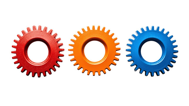 Set of three cogwheels of different colors, red, blue, and orange gears, isolated on a transparent background, symbolizing teamwork and cooperation in machinery and systems engineering.