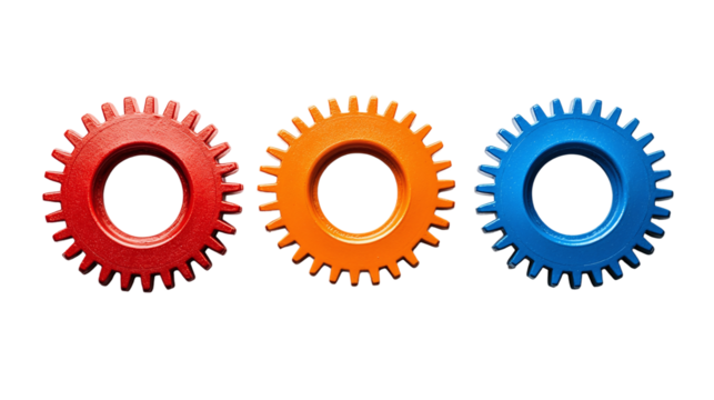 Set of three cogwheels of different colors, red, blue, and orange gears, isolated on a transparent background, symbolizing teamwork and cooperation in machinery and systems engineering. - Powered by Adobe