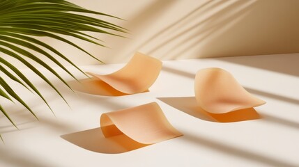 Silicone breast forms displayed under palm frond's sunlit shadow