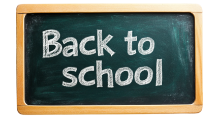 Text "Back to school" written on a blackboard or chalkboard, isolated on a transparent background, representing the return to education, learning, and academic environments.