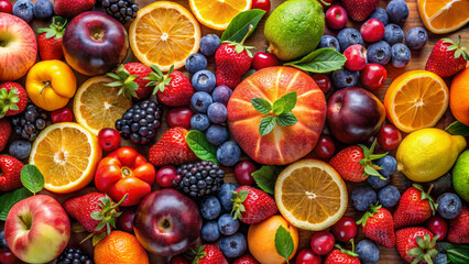 Fresh fruits arranged beautifully, including apples, oranges, berries, and more, creating vibrant and colorful display. This assortment evokes sense of health and vitality