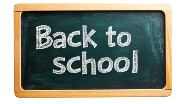Text "Back to school" written on a blackboard or chalkboard, isolated on a transparent background, representing the return to education, learning, and academic environments.