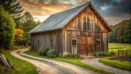 Naklejka premium Vintage-inspired rustic barn facade with a metal roof, weathered wood siding, and a winding dirt path leading to the entrance, vintage inspired, dirt roads