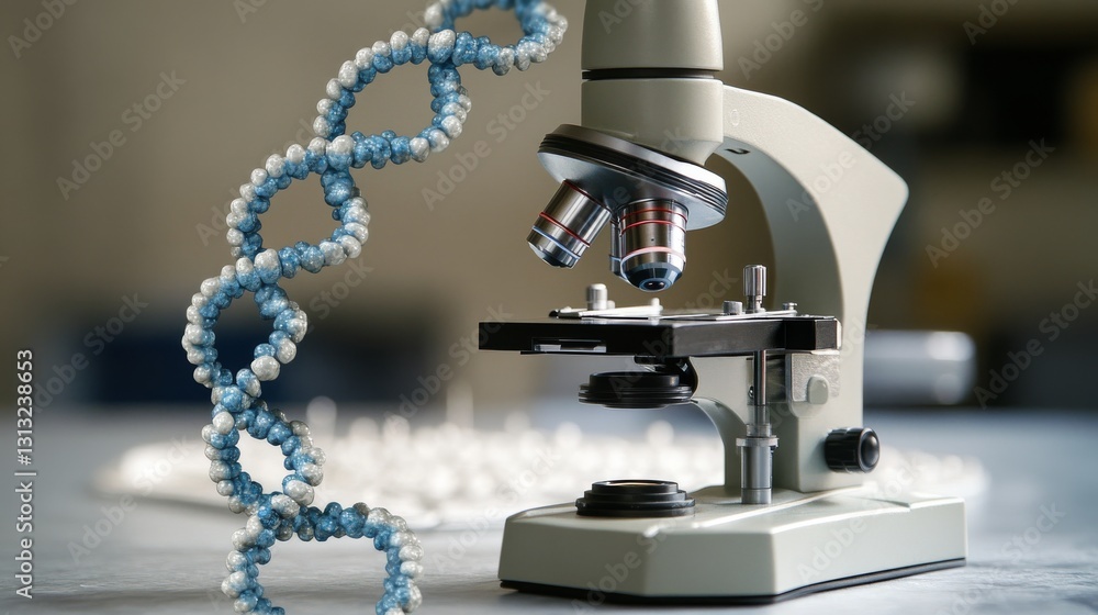 Poster a dna helix and a microscope captured in a clean, bright lab setting, symbolizing innovation in scie