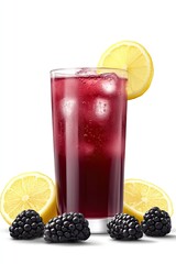 blackberry lemonade in a tall glass garnished with fresh blackberries and lemon slices. The background is white to highlight the drinks dark purple hue. 