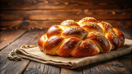 Fresh homemade single challah bread on table for Shabbat dinner, warm golden light , wooden table, sabbath,  wooden table