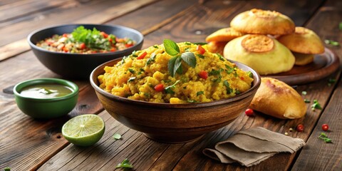 A steaming bowl of spicy kanda batata poha with a sprinkle of green chutney and a side of crispy puris on a wooden table , kanda batata, tangy