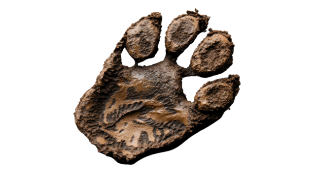 Muddy paw print showing claws and pads on transparent background