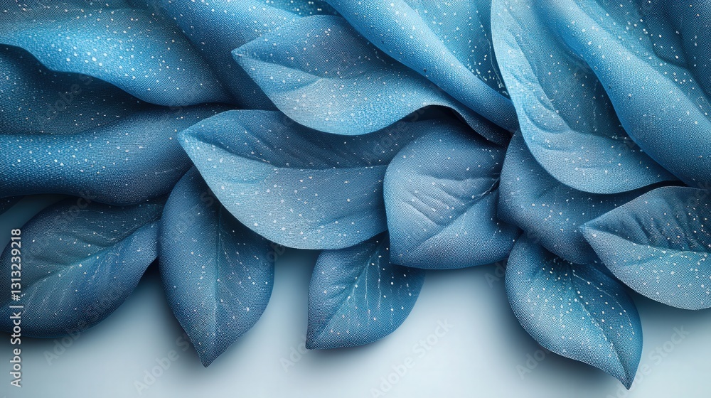 Poster soft blue leaves with sparkles arranged artistically on a smooth surface, creating a serene atmosphe