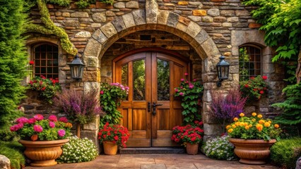 Naklejka premium Warm rustic charm of a stone and wood entrance with an arched doorway flanked by tall trees and colorful flowers, rustic entrance