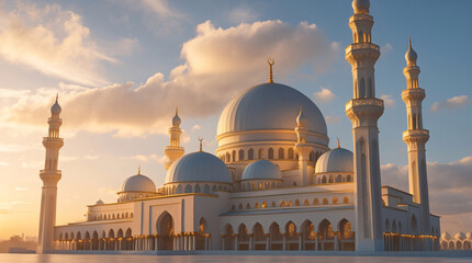Fototapeta premium Stunning mosque silhouette at twilight with tall minarets large dome and soft golden light filling the sky Islamic and Arabian Architecture Wallpaper Exterior Design