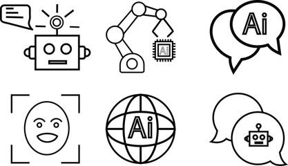 Fototapeta premium AI Communication and Robotics Icon Set – Collection of Digital Icons Representing Chatbots, Automation, Facial Recognition, and Global AI Networks with Transparent Background.