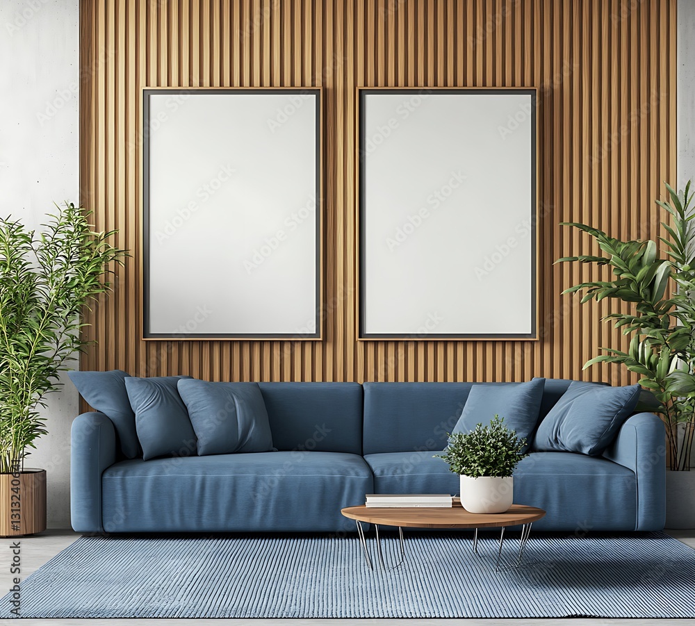 Poster empty wall with two blank frames and couch in modern room setting