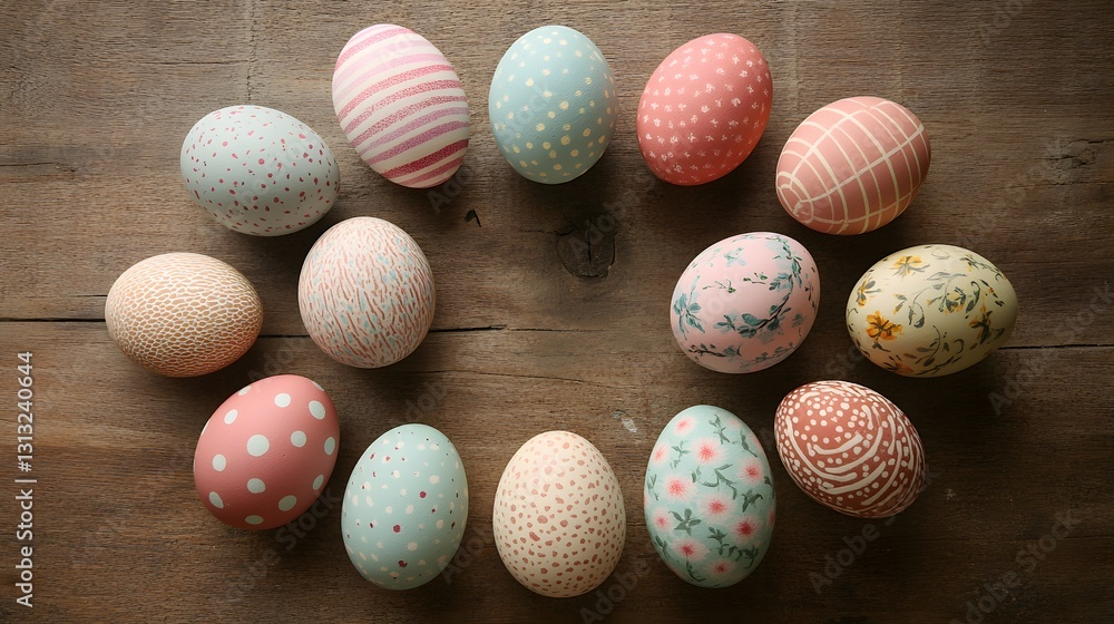 Aufkleber twelve pastel-colored easter eggs, each uniquely decorated with various patterns, arranged in a circ