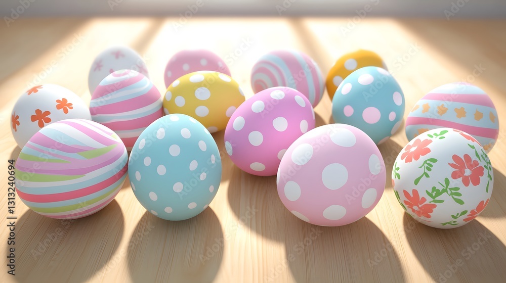 Poster pastel-colored easter eggs with various patterns like polka dots, stripes, and flowers, arranged on 