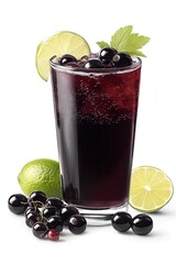 blackcurrant soda in a tall glass garnished with blackcurrants and lime wedges. The background is white to highlight the drinks deep purple color. 