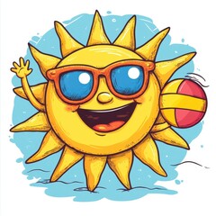 Fototapeta premium Animated illustration of a smiling sun wearing sunglasses and playing