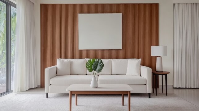 Modern Feng Shui Trends. Living Room with Wooden Accents and Minimalist Design Elements,3d rendering