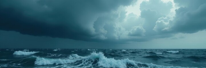 Fototapeta premium Imposing, heavy cloudscape dominates a churning, restless sea , cloud formations, marine