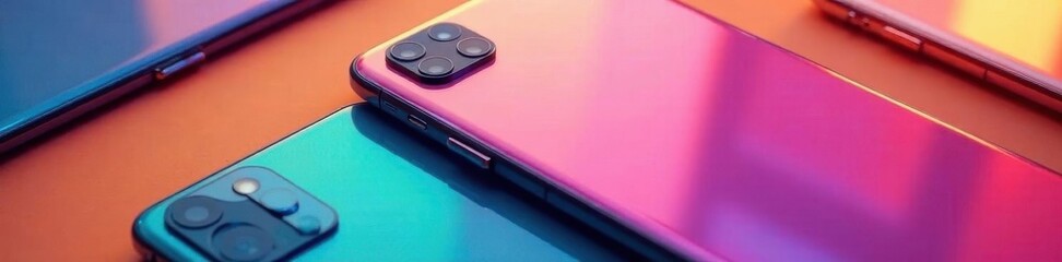 Vibrant phones, blank screens, colorful backdrop, mobile, technology background