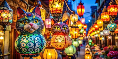 Naklejka premium Festive Colorful Cat Lanterns Illuminate Night Market, Asian Street Festival Decoration