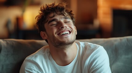 Happy young man laughs heartily on couch. Perfect for projects needing joy, happiness, or relaxation themes.