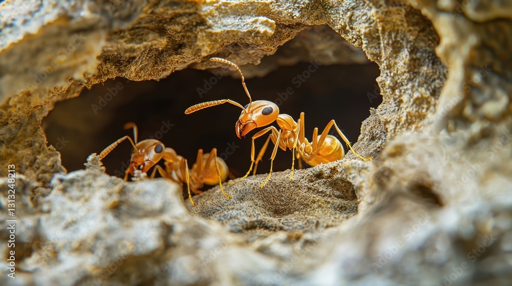 Aufkleber highly detailed 3d rendering of an ant nest cross-section, showing the complete ant life cycle from 