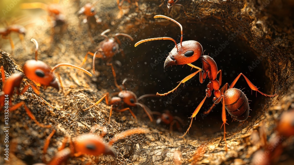 Poster highly detailed 3d rendering of an ant nest cross-section, showing the complete ant life cycle from 