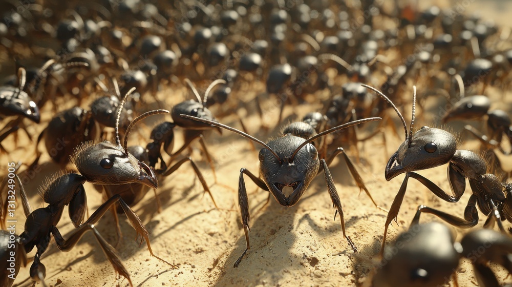 Poster hyper-realistic 3d scientific rendering of an ant colony, capturing the cycle of ant life and the un