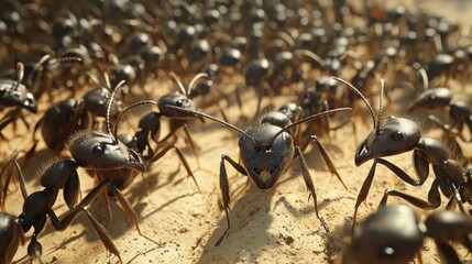 Hyper-realistic 3D scientific rendering of an ant colony, capturing the cycle of ant life and the underground network of tunnels and chambers.