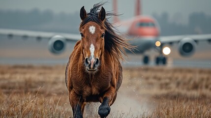 A powerful horse races down an airport runway, mane flowing in the wind, with an airplane poised in the background, capturing a striking contrast of nature versus machinery in a moody atmosphere.