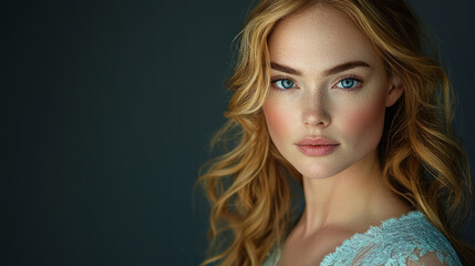 Fototapeta premium Beautiful young woman with blonde hair and blue eyes, wearing an elegant dress, generative AI