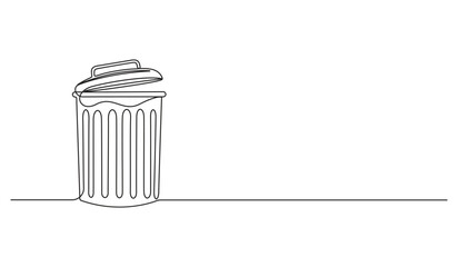 Waste container in one continuous line art drawing style. Arrow is pointing garbage can to remind people to dispose of trash in a bin. Minimalist linear sketch vector illustration