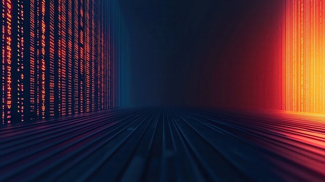 Advanced AI Code Flow A dark futuristic abstract scene with glowing streams of multilingual code floating in midair