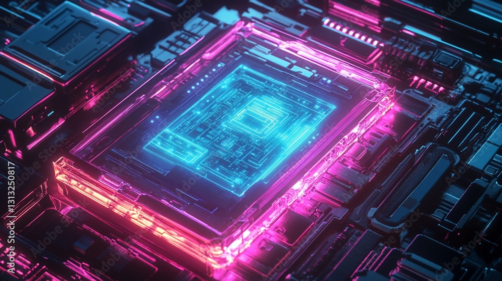 Poster abstract close up view of a neon illuminated motherboard components and circuitry