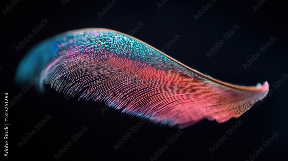 Poster iridescent hummingbird feather with intricate textures, catching light and shimmering with vibrant c