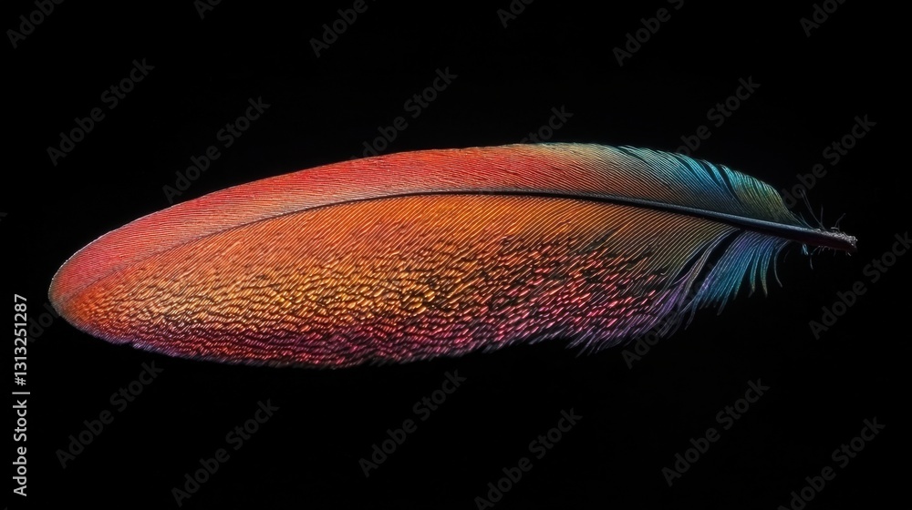 Poster iridescent hummingbird feather with intricate textures, catching light and shimmering with vibrant c