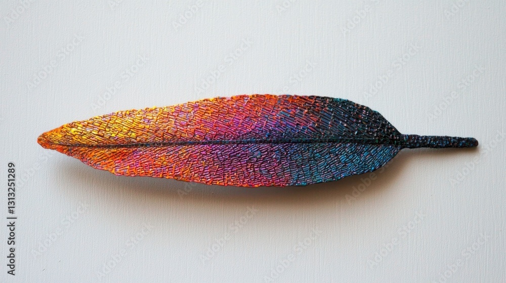 Poster iridescent hummingbird feather with intricate textures, catching light and shimmering with vibrant c