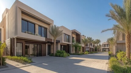 Fototapeta premium Modern luxury villas line a paved street. Ideal for real estate, architecture, and luxury lifestyle websites.